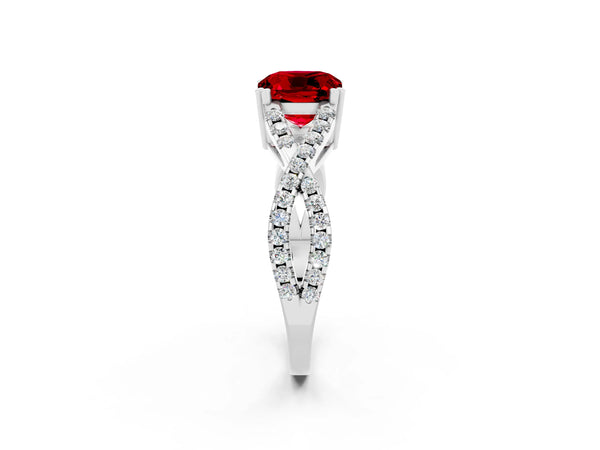 Silver Cushion Cut Ruby Solitaire Ring with Four-Prong Setting and Twisted Pavé Band