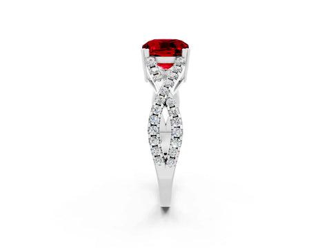 White gold Cushion Cut Ruby Solitaire Ring with Four-Prong Setting and Twisted Pavé Band_2