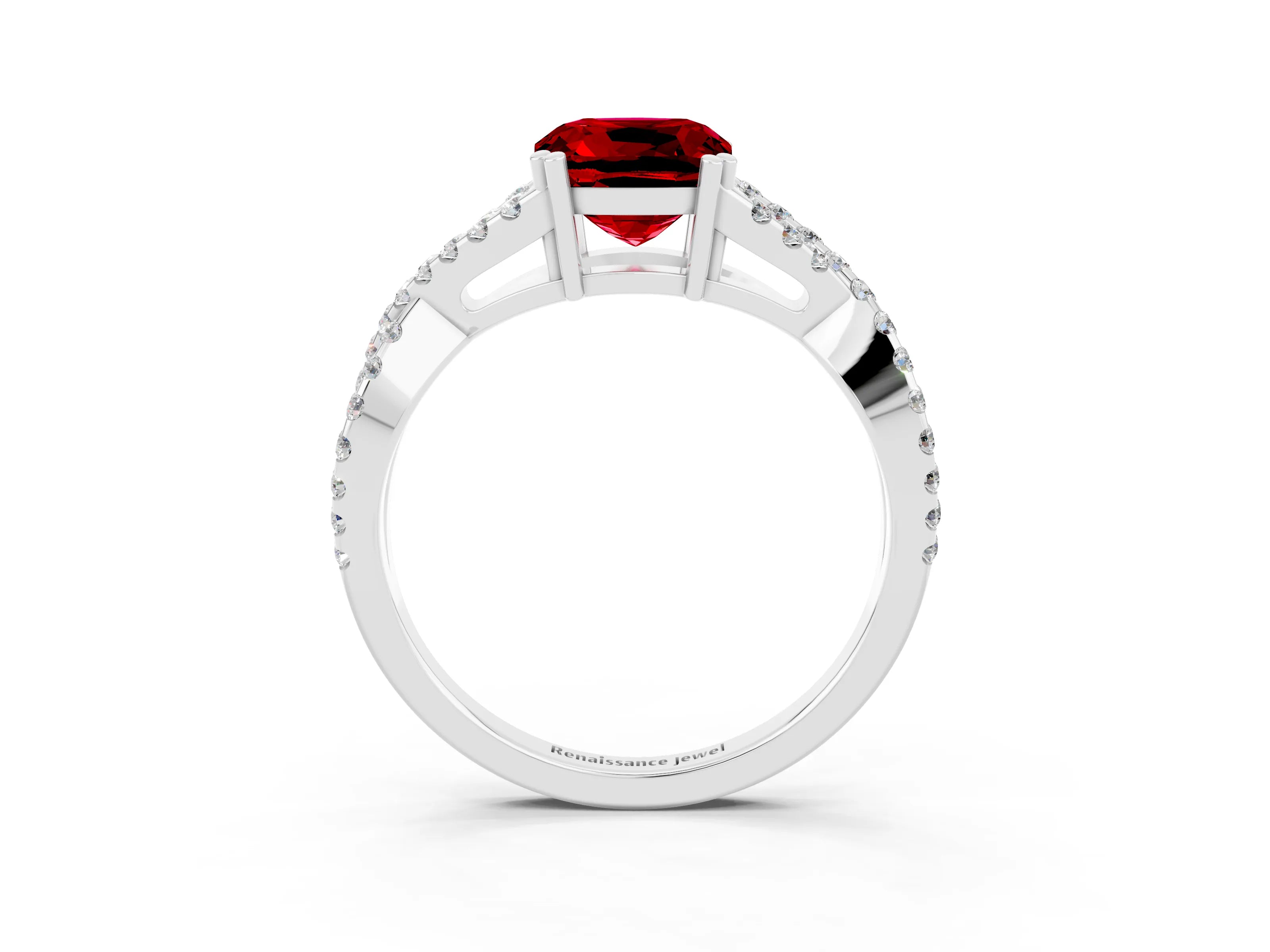 White gold Cushion Cut Ruby Solitaire Ring with Four-Prong Setting and Twisted Pavé Band_3
