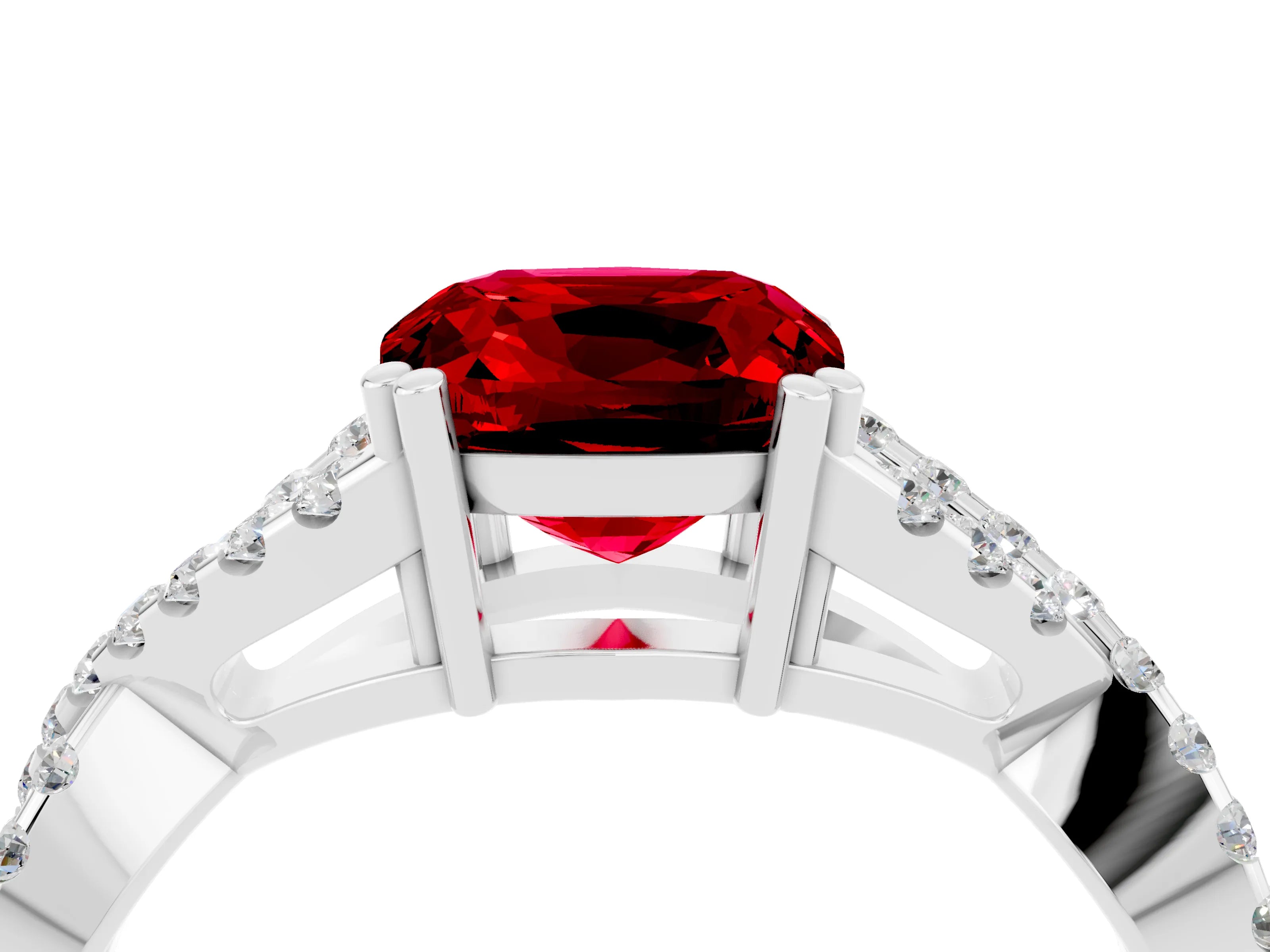 White gold Cushion Cut Ruby Solitaire Ring with Four-Prong Setting and Twisted Pavé Band_4