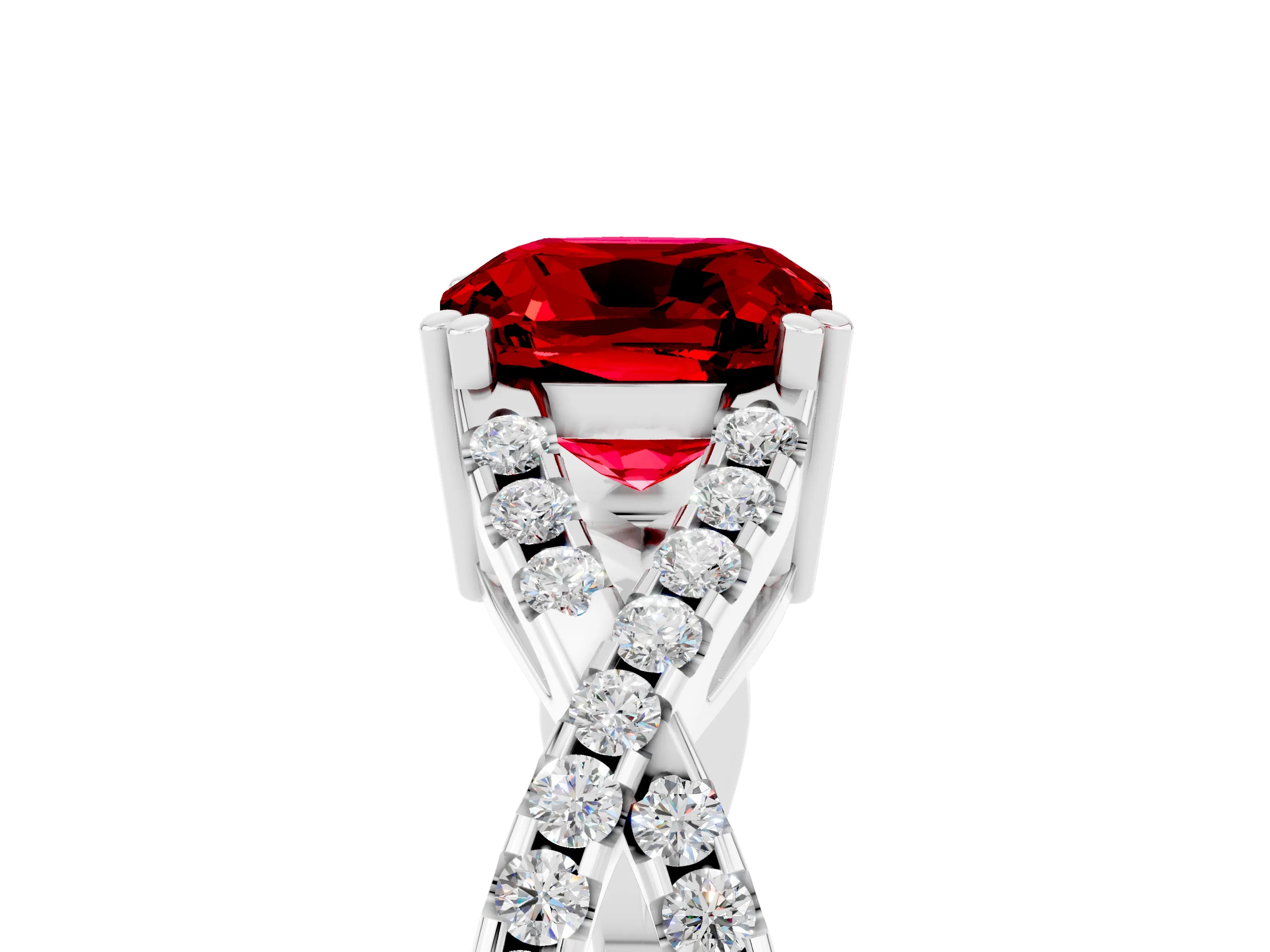 White gold Cushion Cut Ruby Solitaire Ring with Four-Prong Setting and Twisted Pavé Band_5