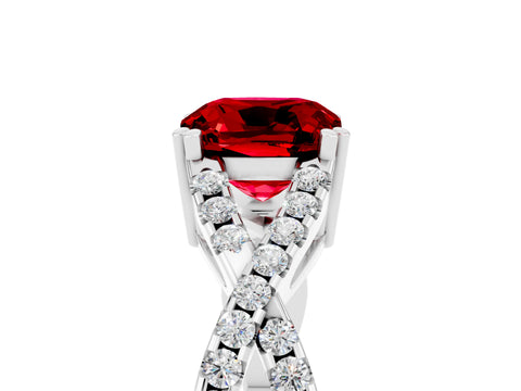 White gold Cushion Cut Ruby Solitaire Ring with Four-Prong Setting and Twisted Pavé Band_5