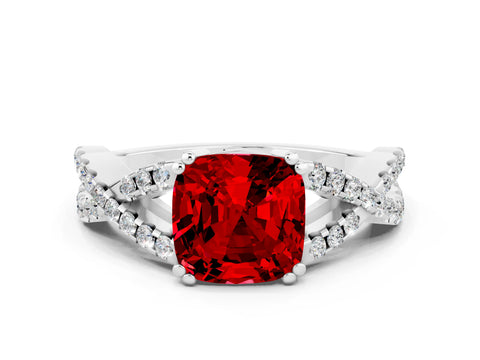 White gold Cushion Cut Ruby Solitaire Ring with Four-Prong Setting and Twisted Pavé Band