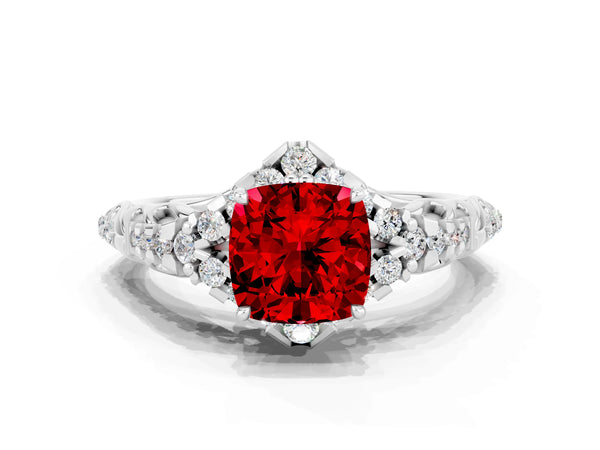 Platinum Cushion Cut Ruby Solitaire Ring with Hidden Halo and Pavé Band