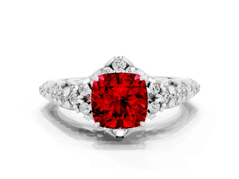 White gold Cushion Cut Ruby Solitaire Ring with Hidden Halo and Pavé Band_12