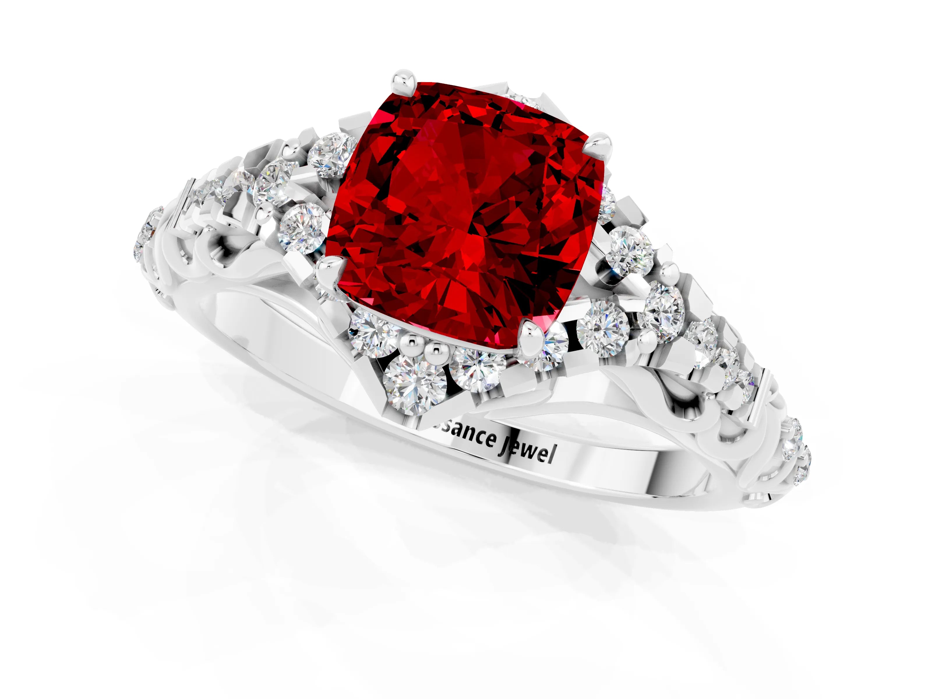 White gold Cushion Cut Ruby Solitaire Ring with Hidden Halo and Pavé Band_13