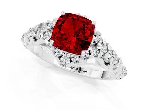 White gold Cushion Cut Ruby Solitaire Ring with Hidden Halo and Pavé Band_13
