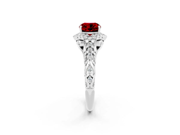 White gold Cushion Cut Ruby Solitaire Ring with Hidden Halo and Pavé Band