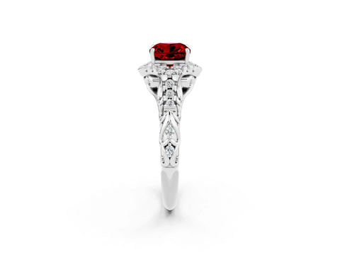 White gold Cushion Cut Ruby Solitaire Ring with Hidden Halo and Pavé Band_14