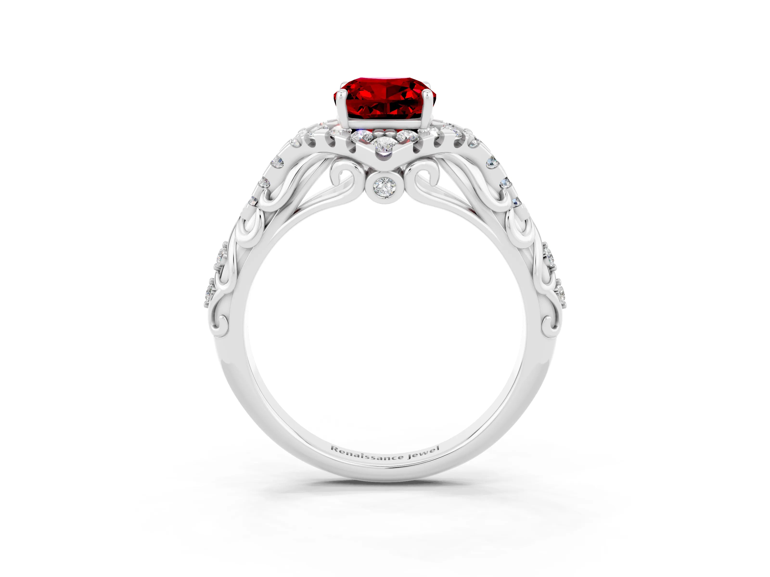 White gold Cushion Cut Ruby Solitaire Ring with Hidden Halo and Pavé Band_15