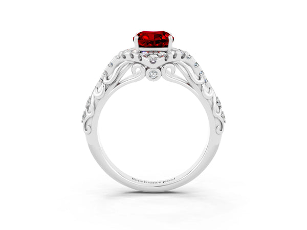 Silver Cushion Cut Ruby Solitaire Ring with Hidden Halo and Pavé Band