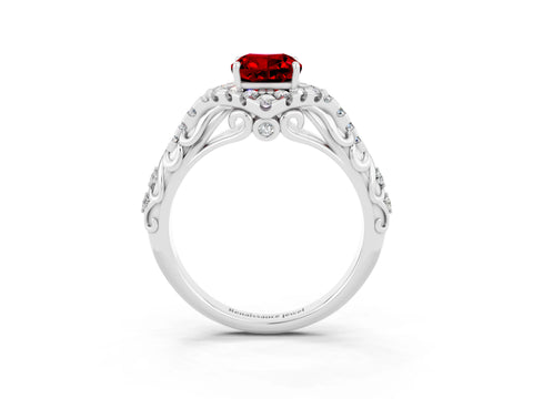 White gold Cushion Cut Ruby Solitaire Ring with Hidden Halo and Pavé Band_15