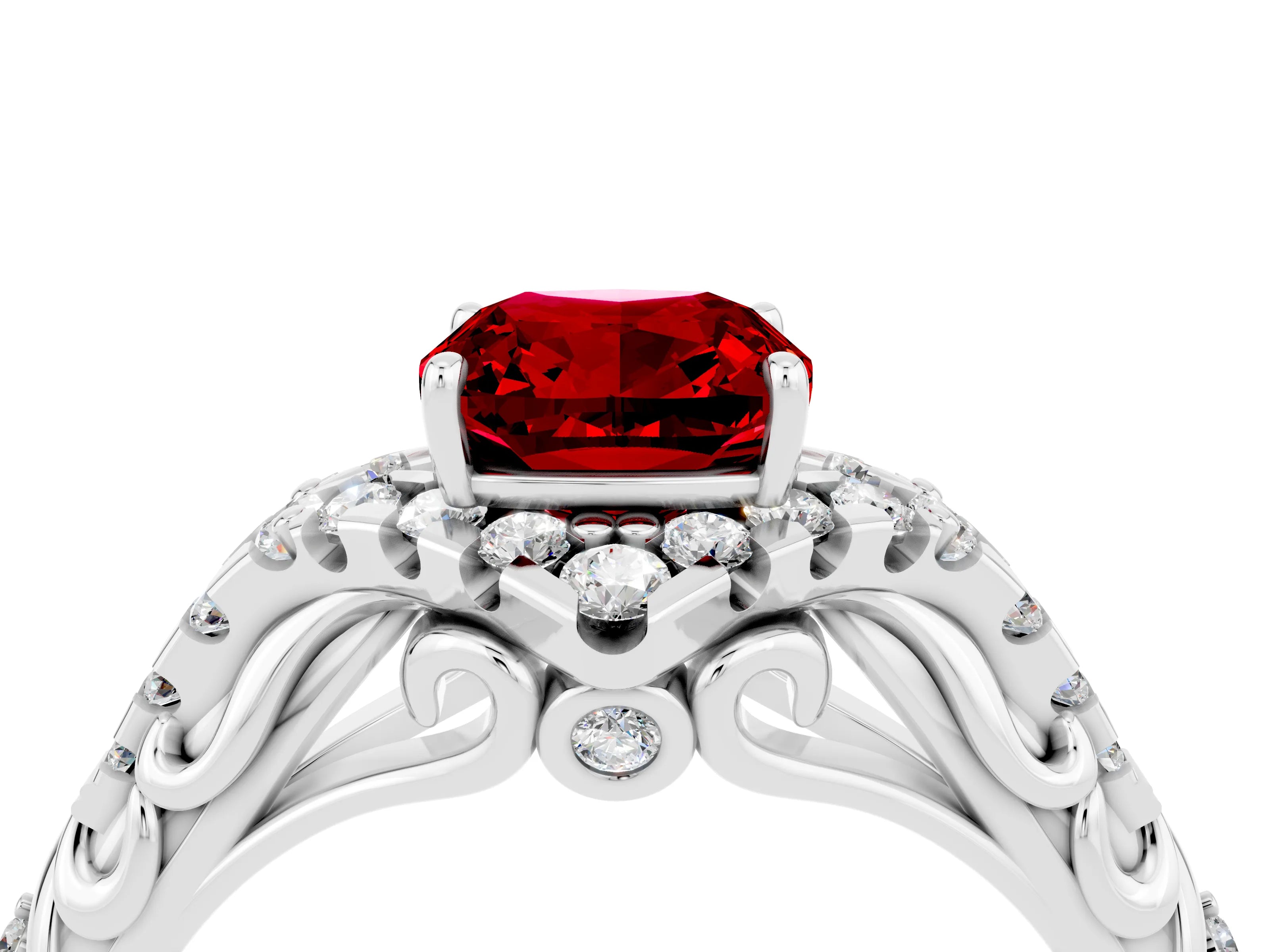 White gold Cushion Cut Ruby Solitaire Ring with Hidden Halo and Pavé Band_16