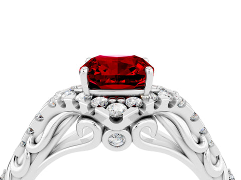 White gold Cushion Cut Ruby Solitaire Ring with Hidden Halo and Pavé Band_16