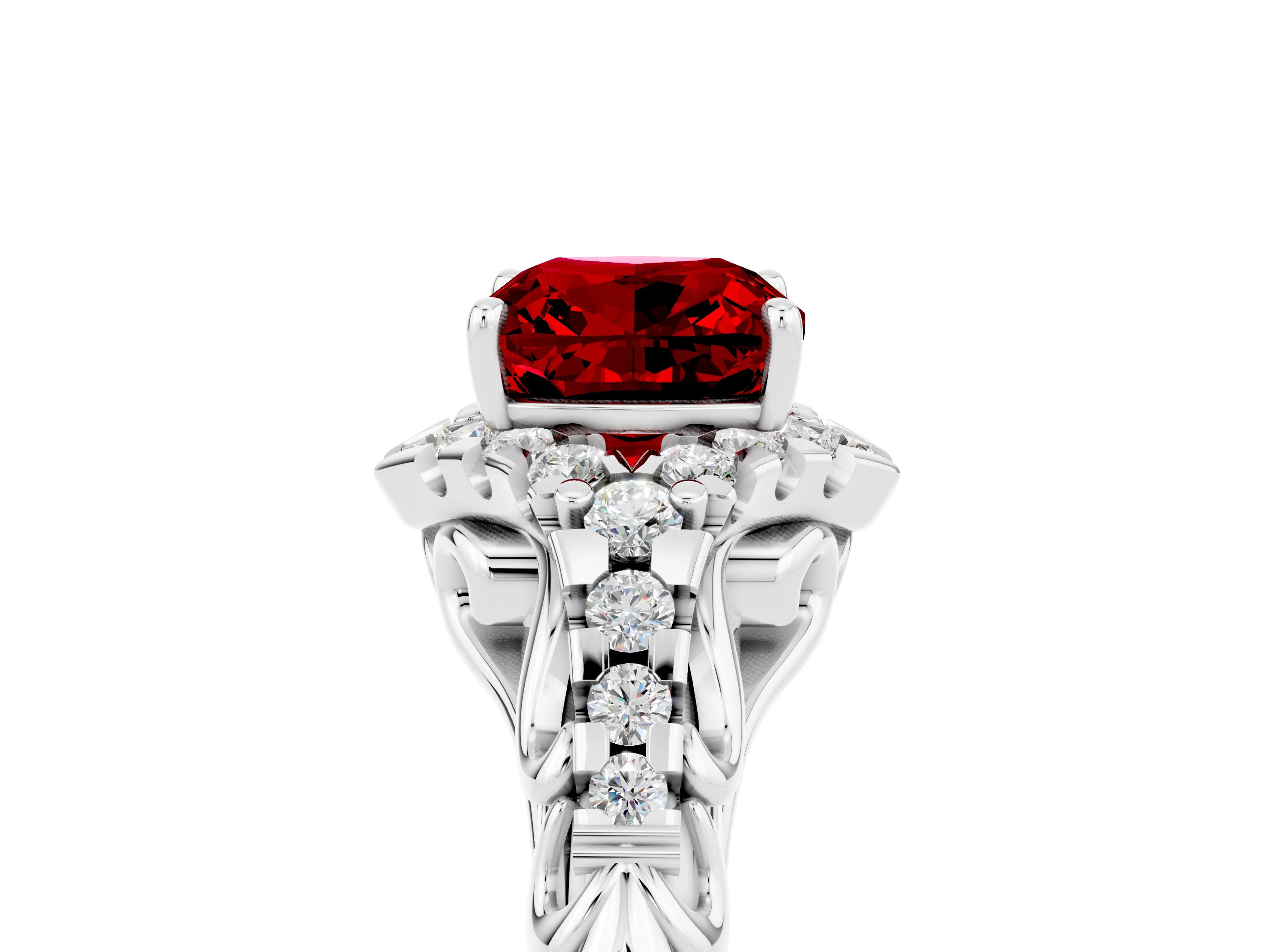 White gold Cushion Cut Ruby Solitaire Ring with Hidden Halo and Pavé Band_17