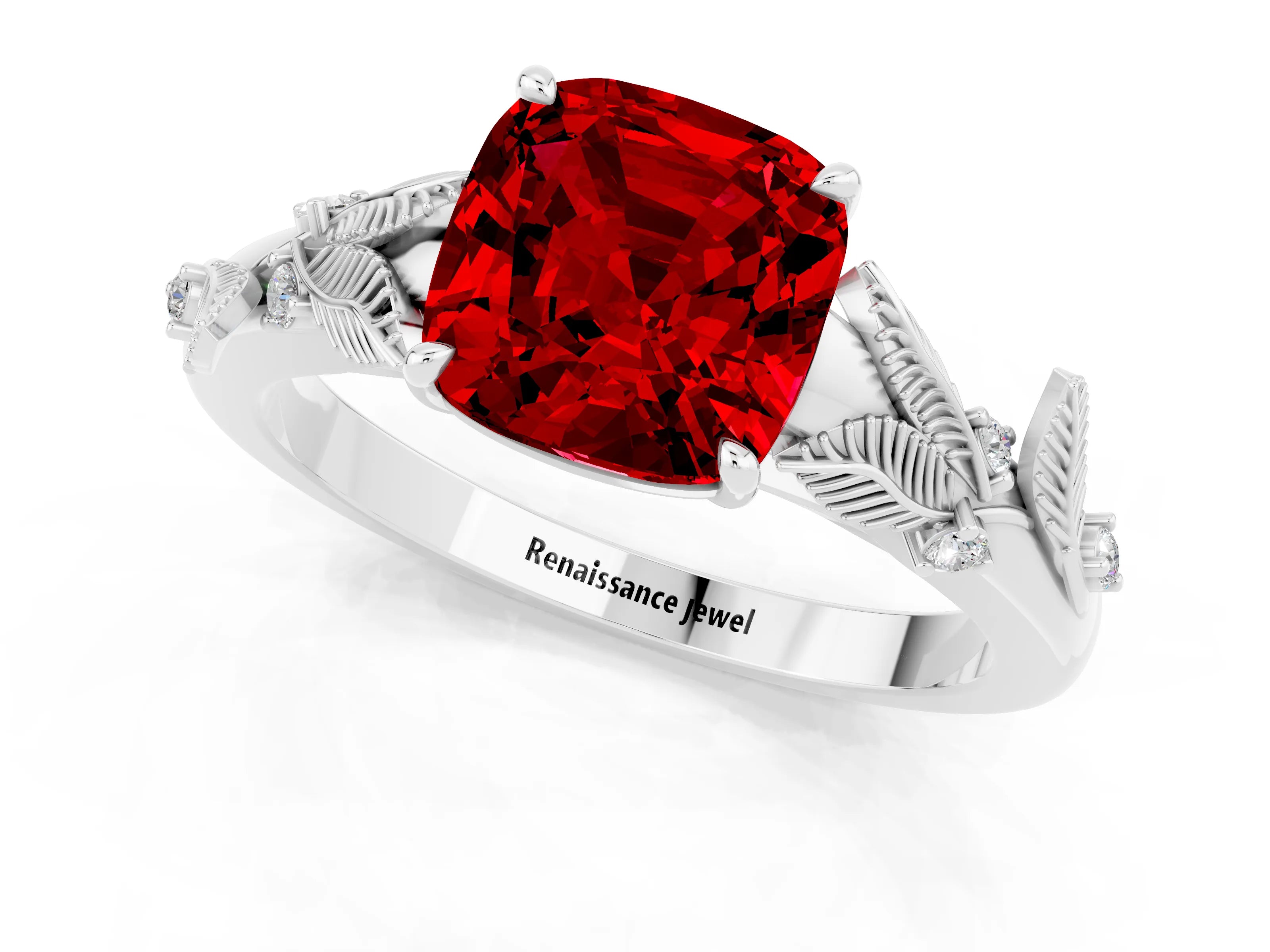 White gold Cushion Cut Ruby Solitaire Ring with Leaf Motif Band and Four-Prong Setting_1