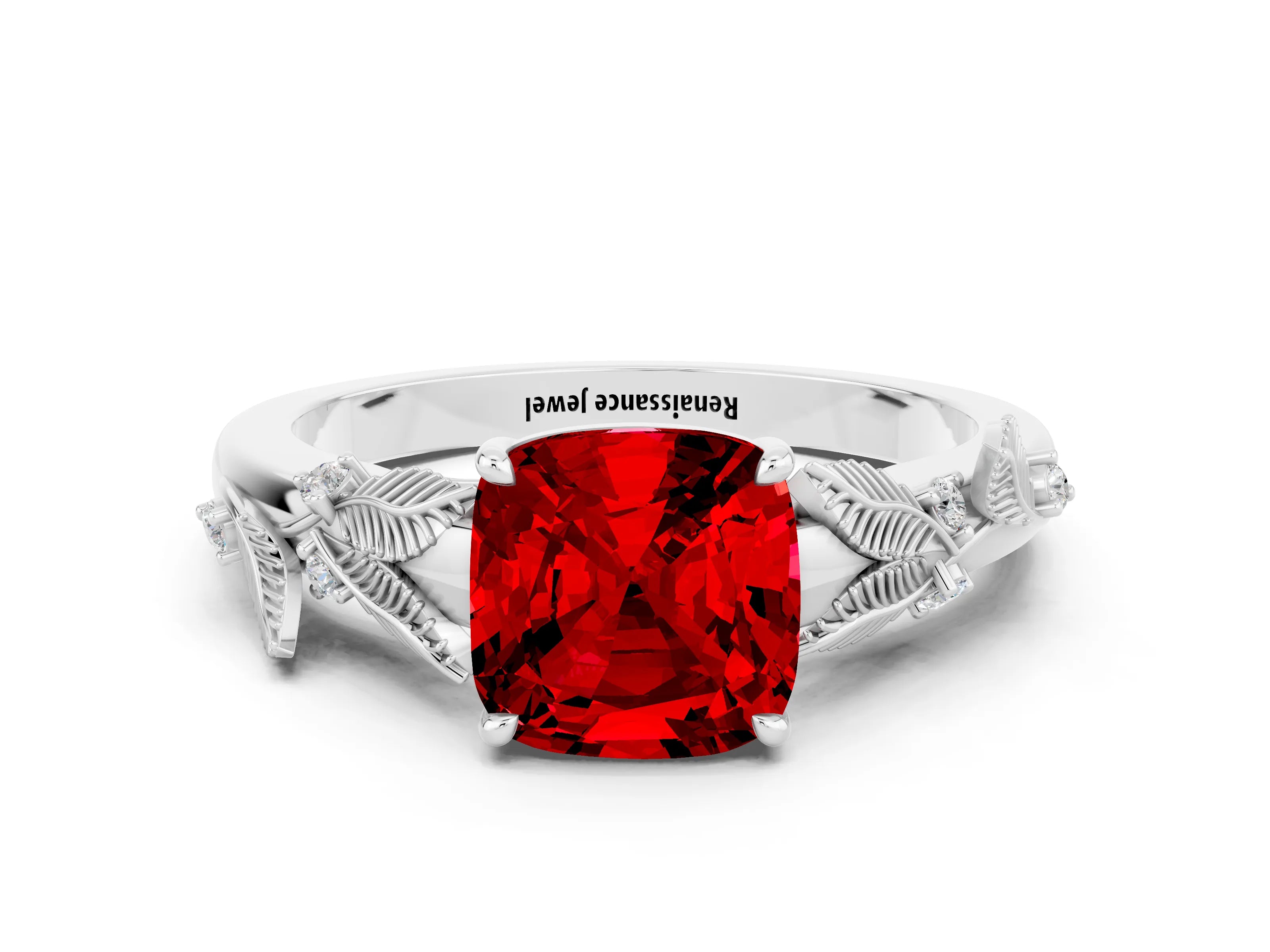 White gold Cushion Cut Ruby Solitaire Ring with Leaf Motif Band and Four-Prong Setting_12