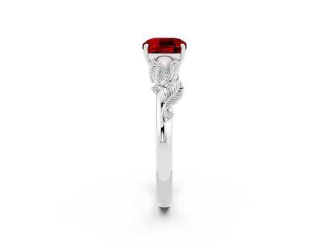 White gold Cushion Cut Ruby Solitaire Ring with Leaf Motif Band and Four-Prong Setting_14