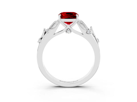 White gold Cushion Cut Ruby Solitaire Ring with Leaf Motif Band and Four-Prong Setting_15