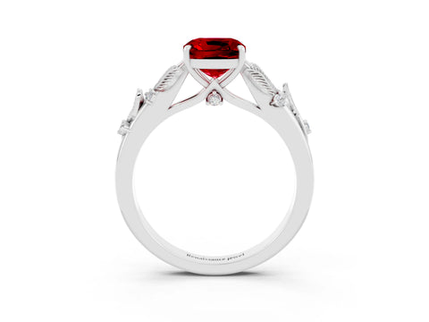 White gold Cushion Cut Ruby Solitaire Ring with Leaf Motif Band and Four-Prong Setting_15