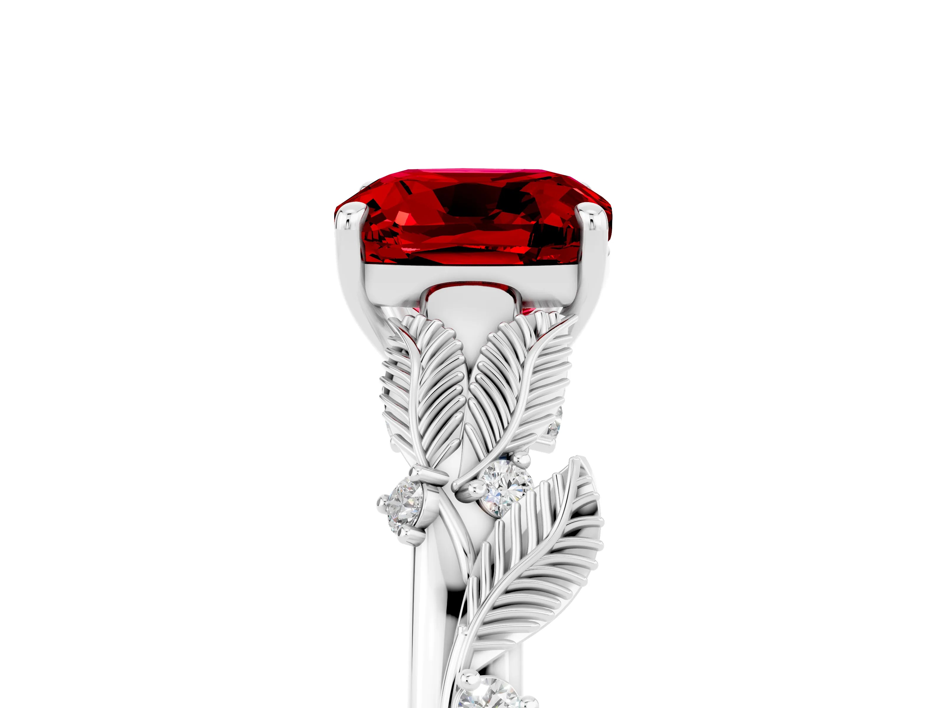 White gold Cushion Cut Ruby Solitaire Ring with Leaf Motif Band and Four-Prong Setting_17