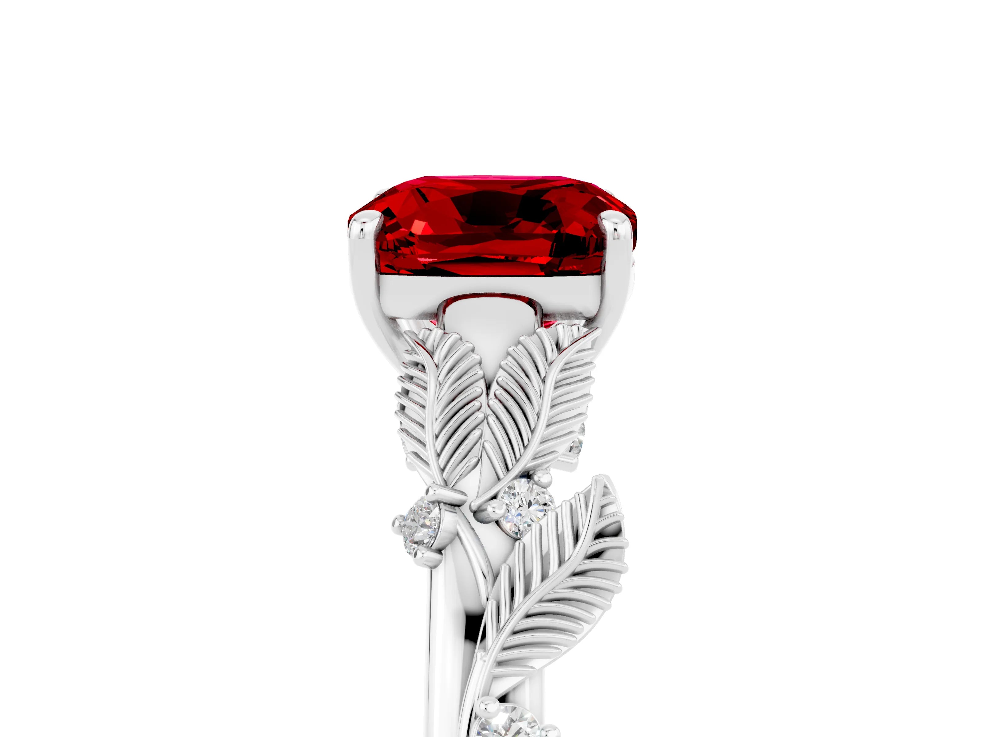 White gold Cushion Cut Ruby Solitaire Ring with Leaf Motif Band and Four-Prong Setting_17