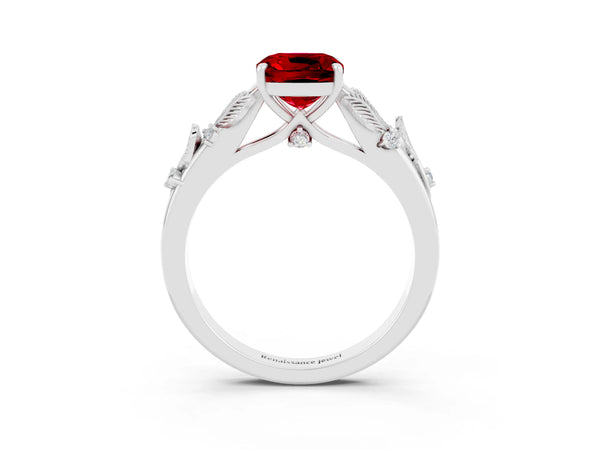 White gold Cushion Cut Ruby Solitaire Ring with Leaf Motif Band and Four-Prong Setting