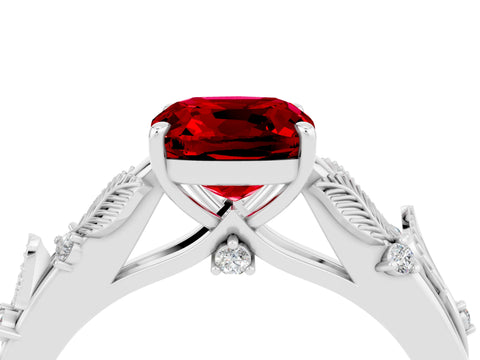 White gold Cushion Cut Ruby Solitaire Ring with Leaf Motif Band and Four-Prong Setting_28
