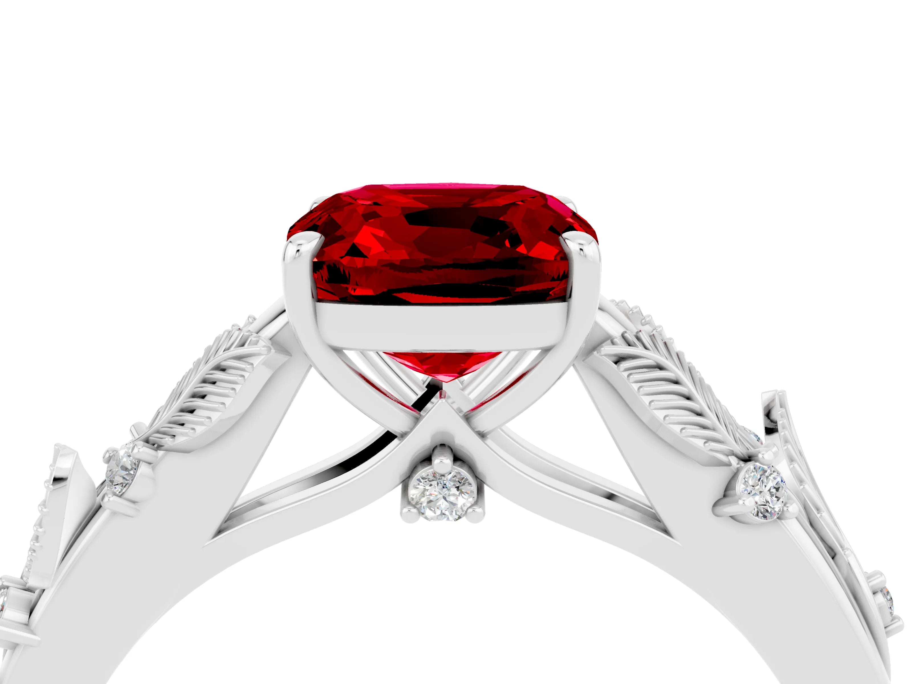 White gold Cushion Cut Ruby Solitaire Ring with Leaf Motif Band and Four-Prong Setting_4