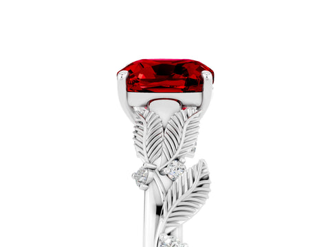 White gold Cushion Cut Ruby Solitaire Ring with Leaf Motif Band and Four-Prong Setting_5