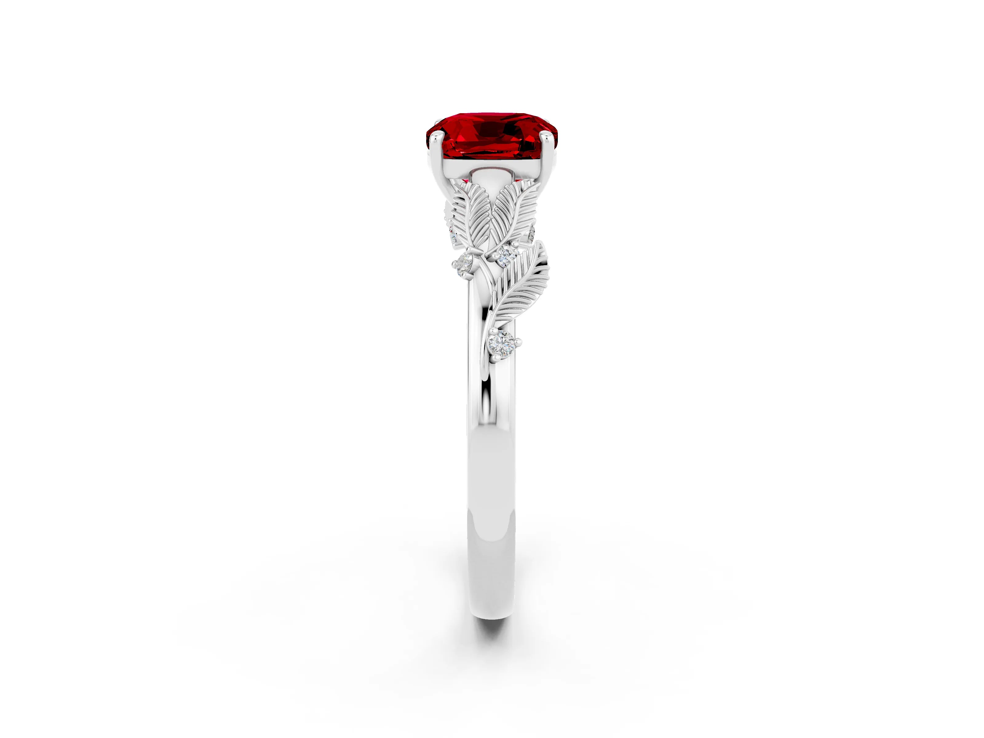 White gold Cushion Cut Ruby Solitaire Ring with Leaf Motif Band and Four-Prong Setting_9
