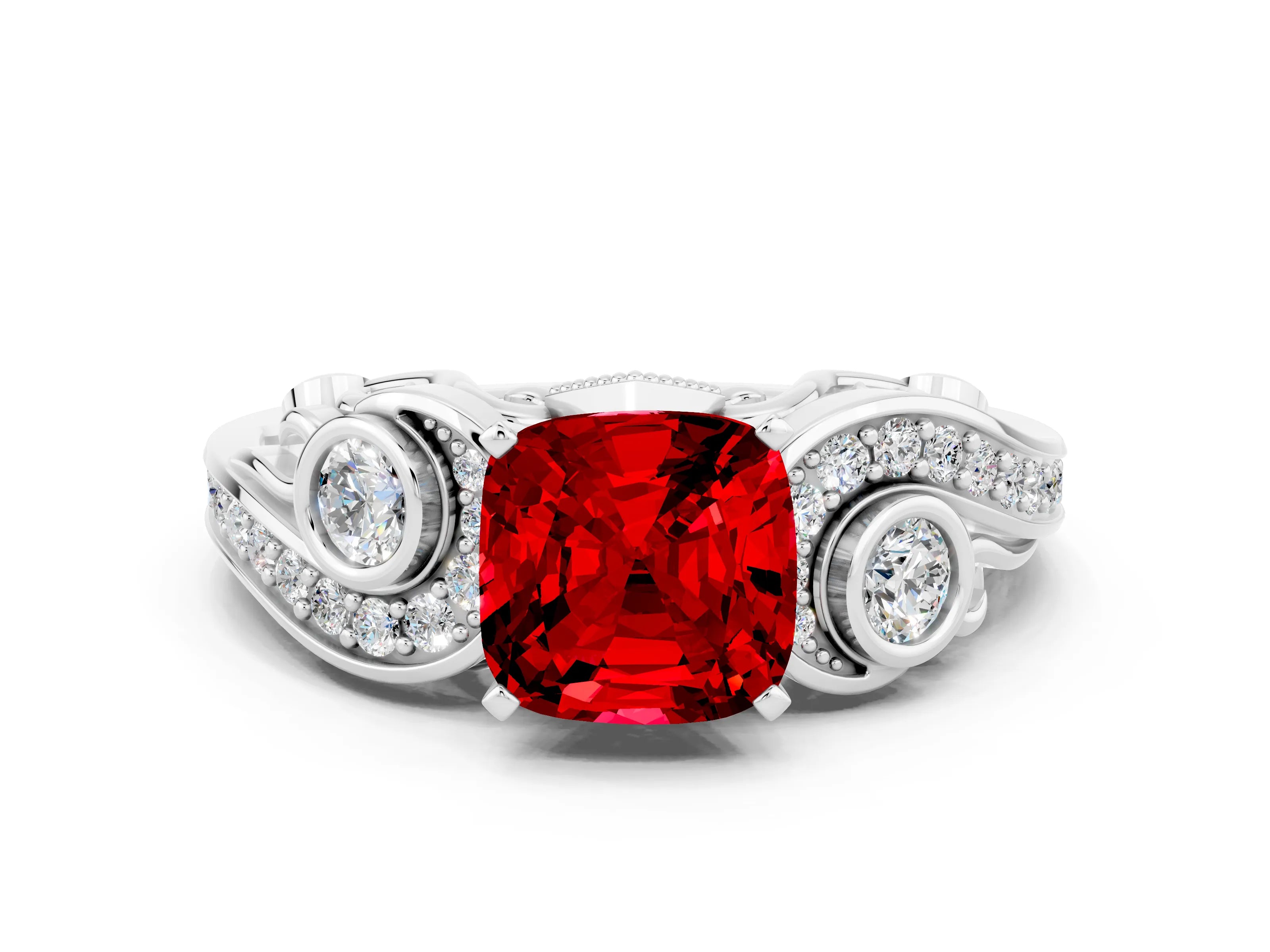 White gold Cushion Cut Ruby Solitaire Ring with Milgrain Pavé Band and Four-Prong Setting_12