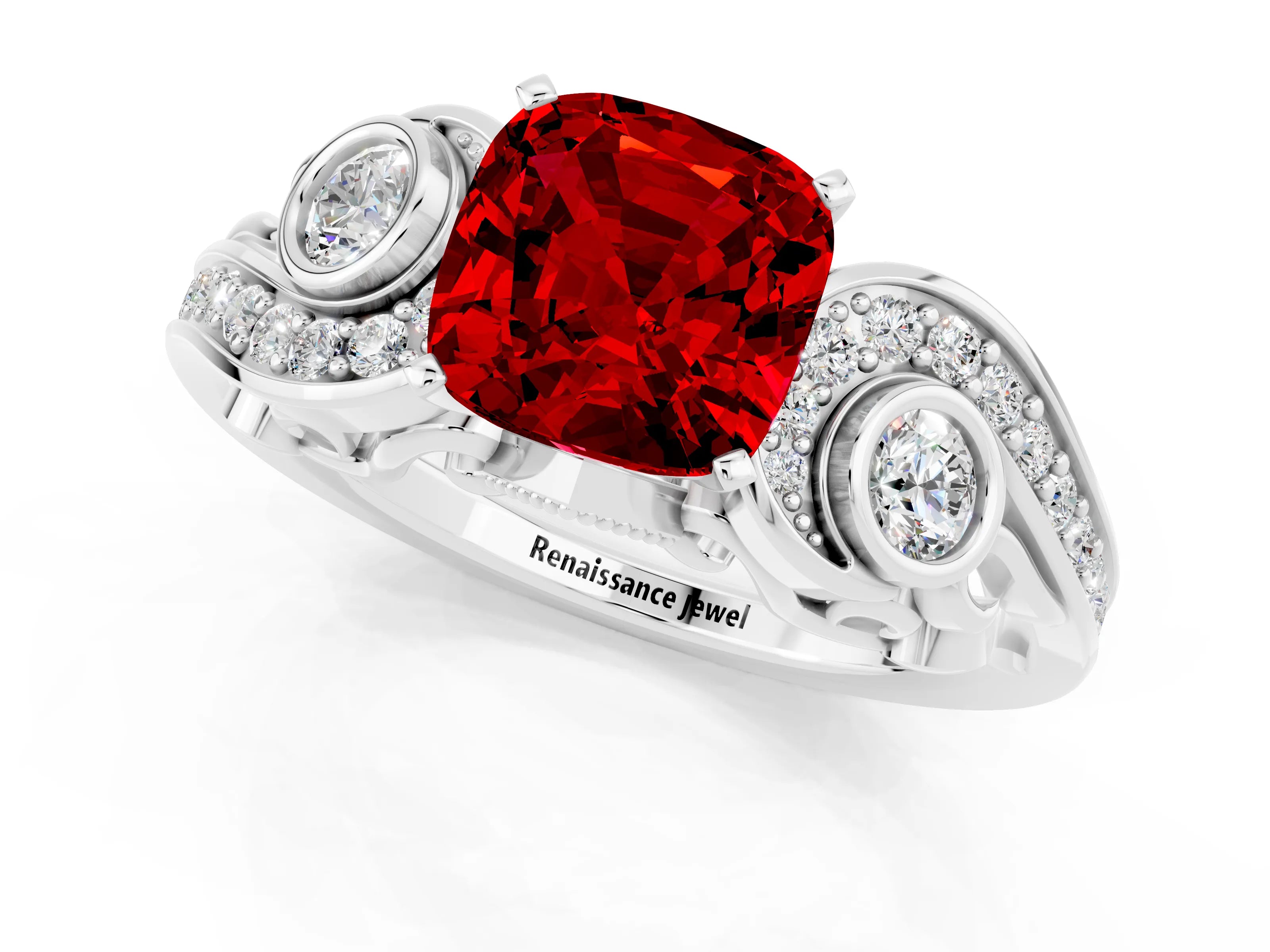 White gold Cushion Cut Ruby Solitaire Ring with Milgrain Pavé Band and Four-Prong Setting_13