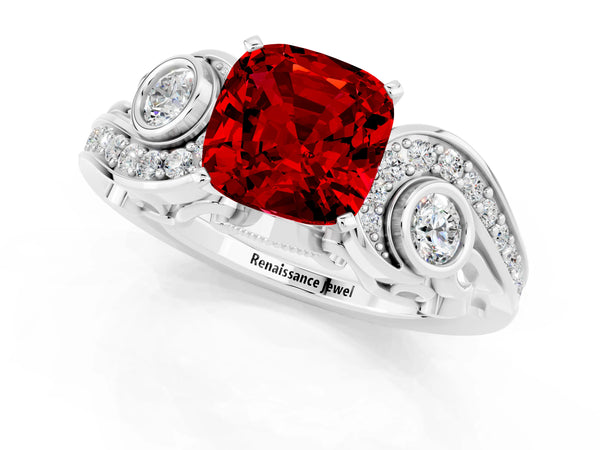 Silver Cushion Cut Ruby Solitaire Ring with Milgrain Pavé Band and Four-Prong Setting