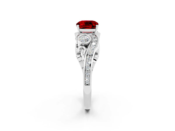 Platinum Cushion Cut Ruby Solitaire Ring with Milgrain Pavé Band and Four-Prong Setting