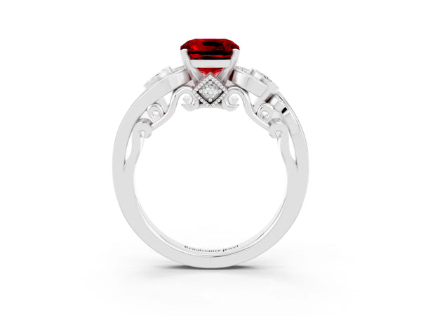 White gold Cushion Cut Ruby Solitaire Ring with Milgrain Pavé Band and Four-Prong Setting
