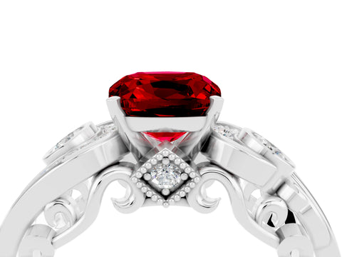 White gold Cushion Cut Ruby Solitaire Ring with Milgrain Pavé Band and Four-Prong Setting_52