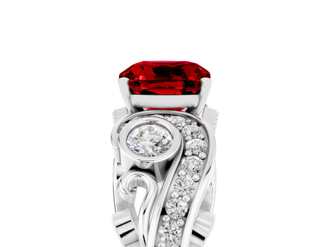 White gold Cushion Cut Ruby Solitaire Ring with Milgrain Pavé Band and Four-Prong Setting_53