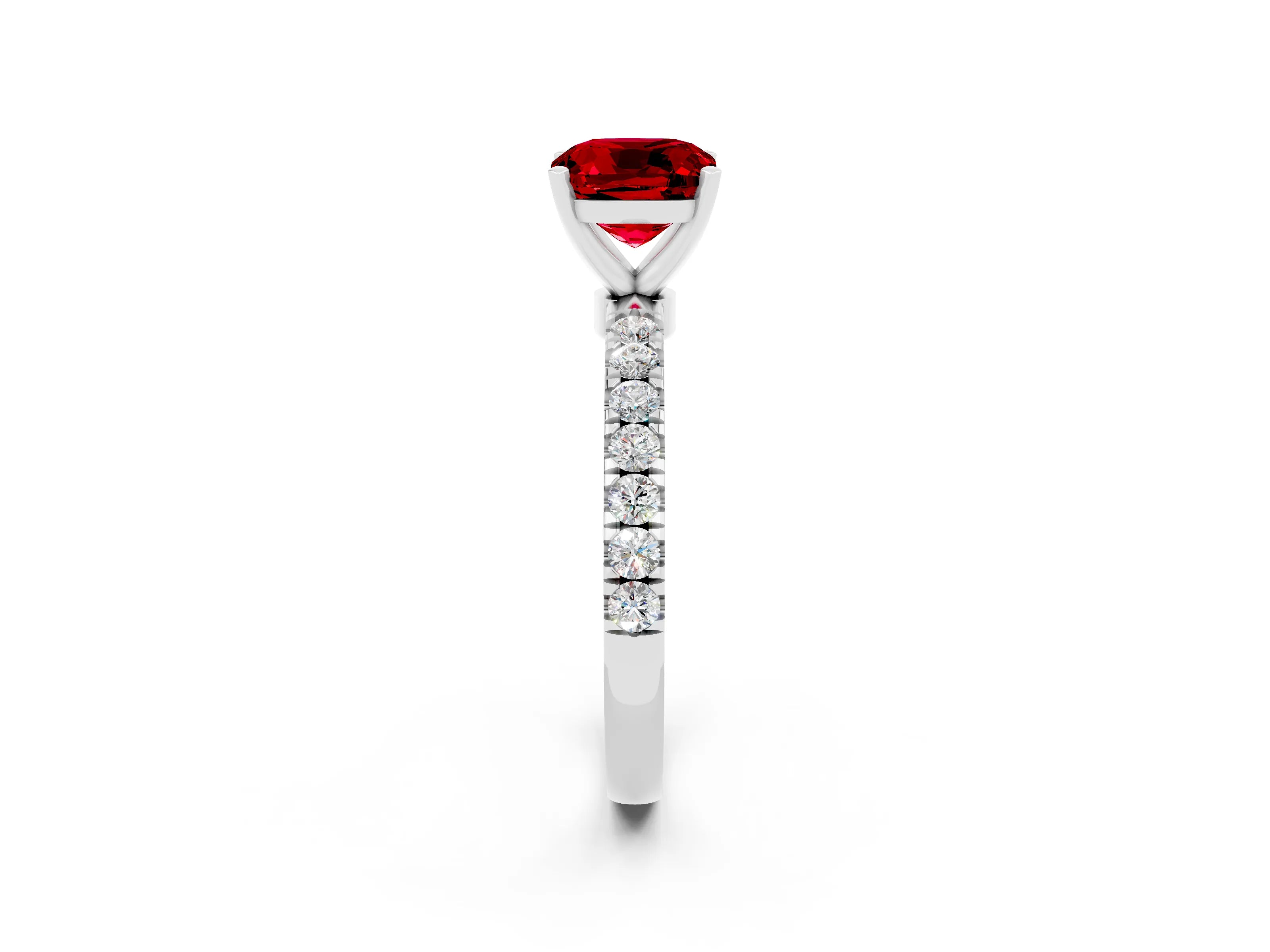White gold Cushion Cut Ruby Solitaire Ring with Pavé Accents and Four-Prong Setting_2