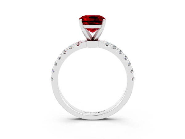 Platinum Cushion Cut Ruby Solitaire Ring with Pavé Accents and Four-Prong Setting