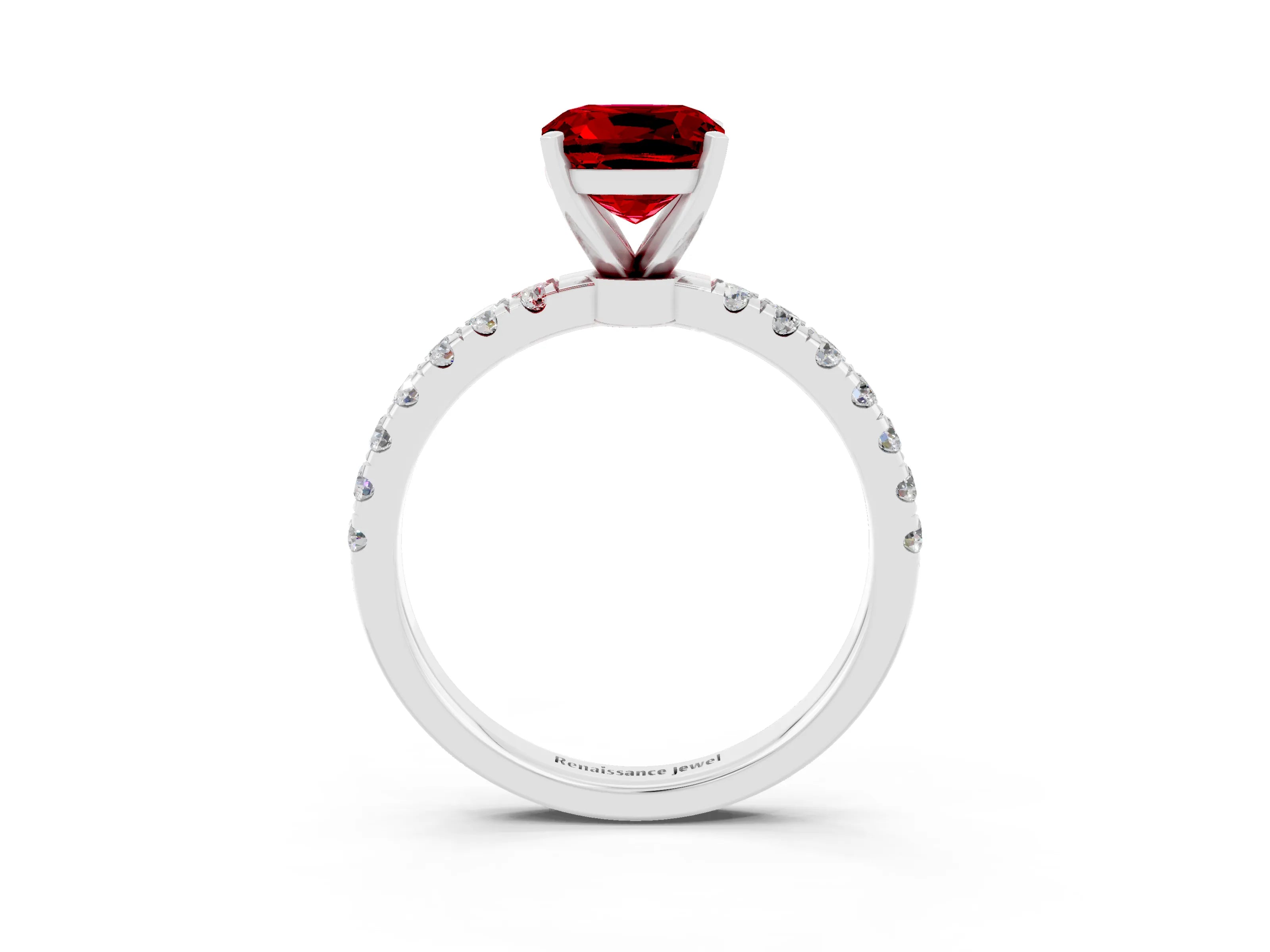 White gold Cushion Cut Ruby Solitaire Ring with Pavé Accents and Four-Prong Setting_3