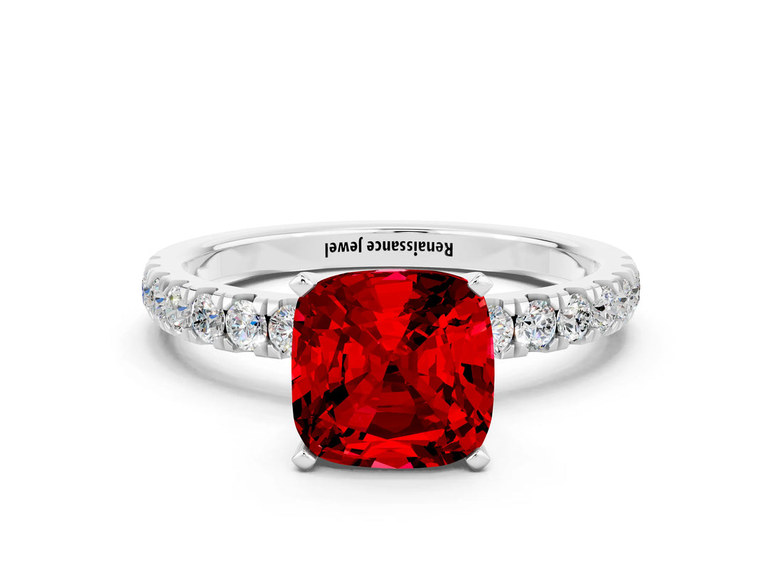 White gold Cushion Cut Ruby Solitaire Ring with Pavé Accents and Four-Prong Setting