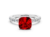White gold Cushion Cut Ruby Solitaire Ring with Pavé Accents and Four-Prong Setting
