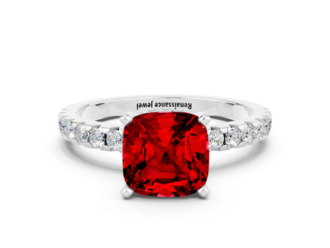 White gold Cushion Cut Ruby Solitaire Ring with Pavé Band and Four-Prong Setting_24