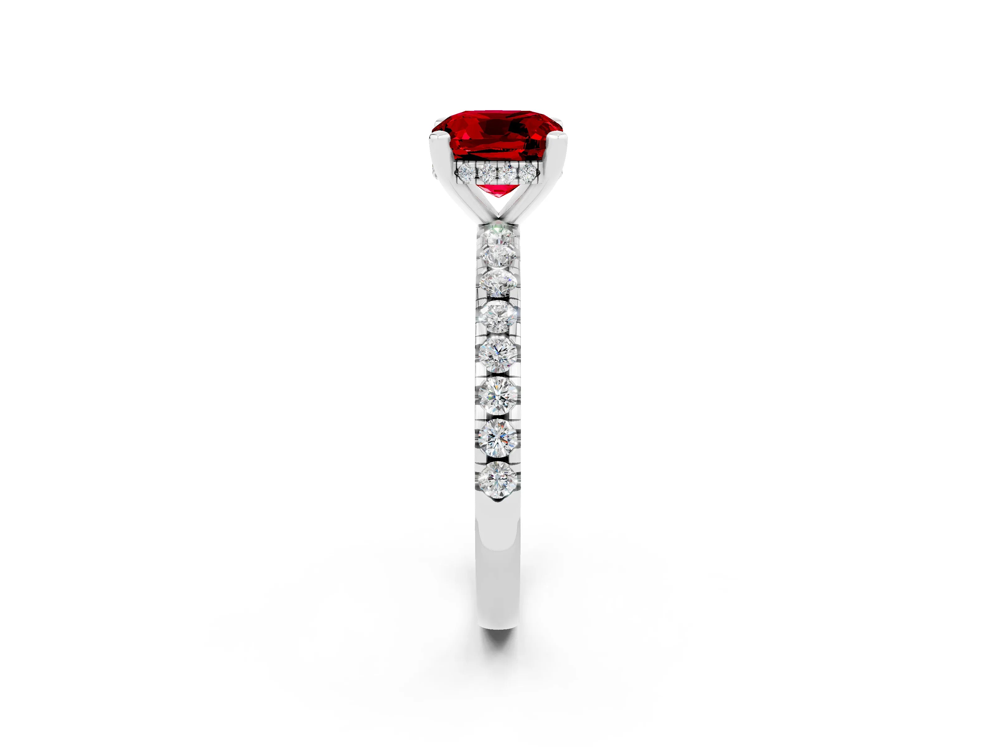White gold Cushion Cut Ruby Solitaire Ring with Pavé Band and Four-Prong Setting_26