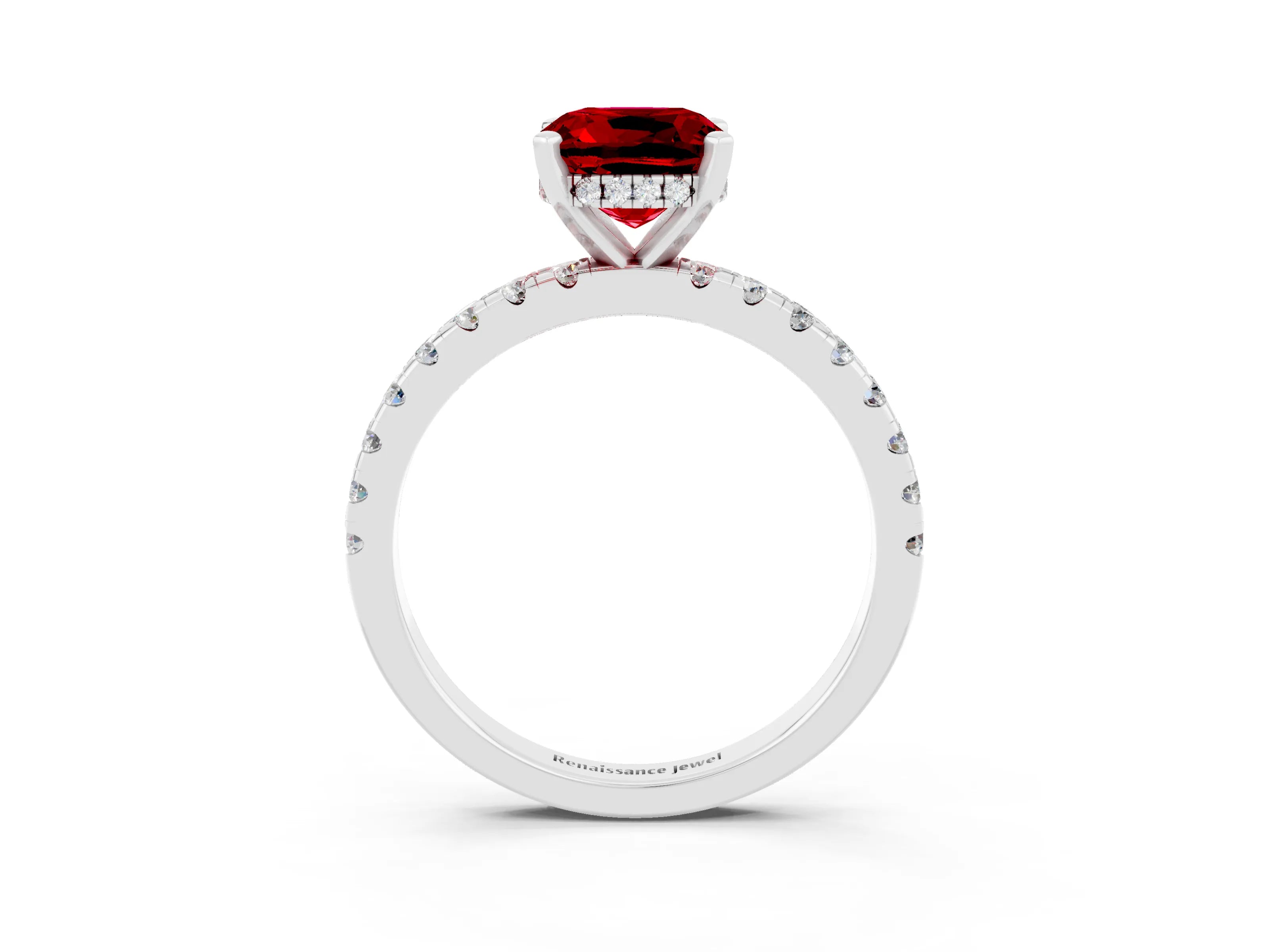 White gold Cushion Cut Ruby Solitaire Ring with Pavé Band and Four-Prong Setting_27
