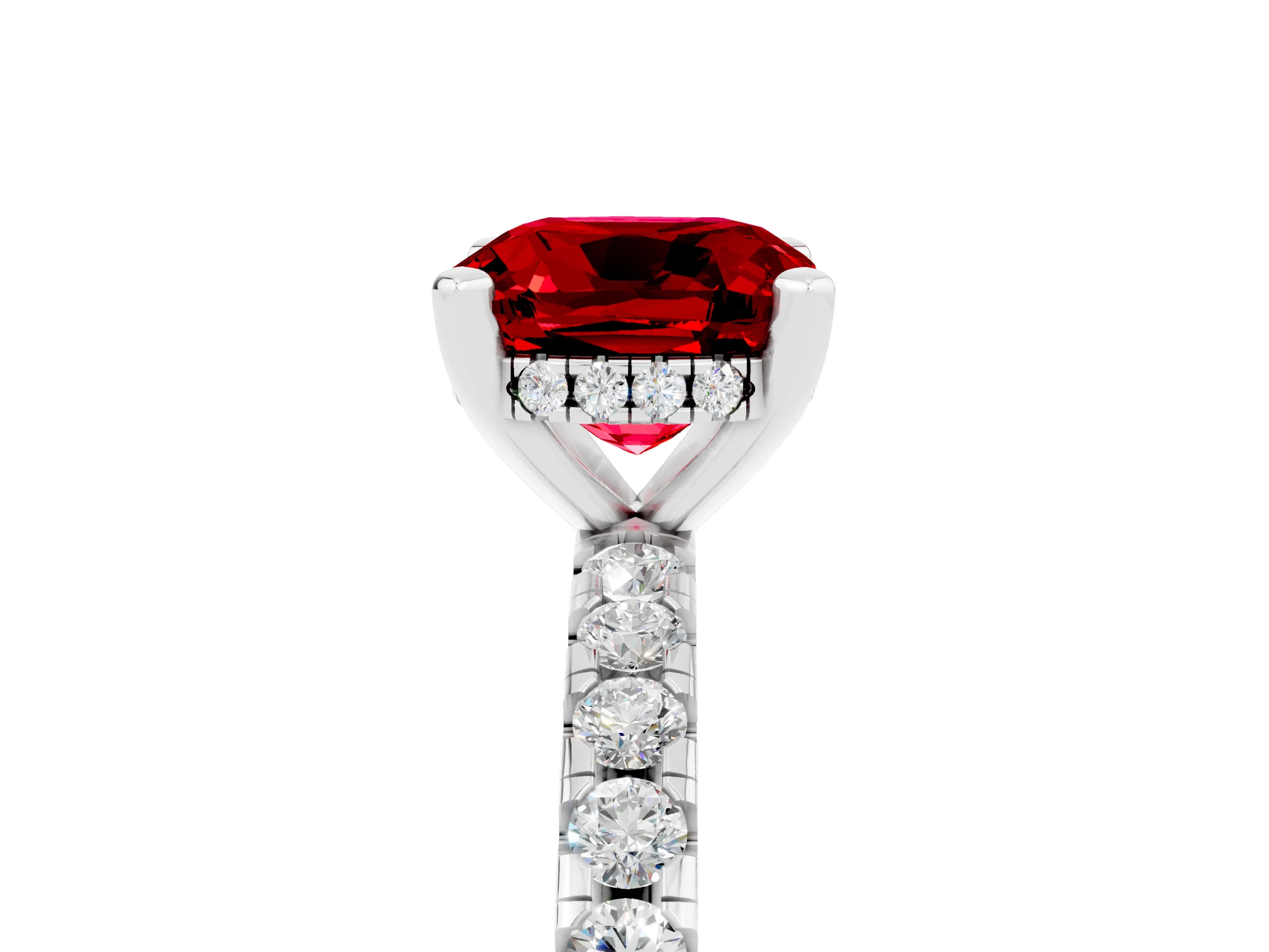 White gold Cushion Cut Ruby Solitaire Ring with Pavé Band and Four-Prong Setting_29
