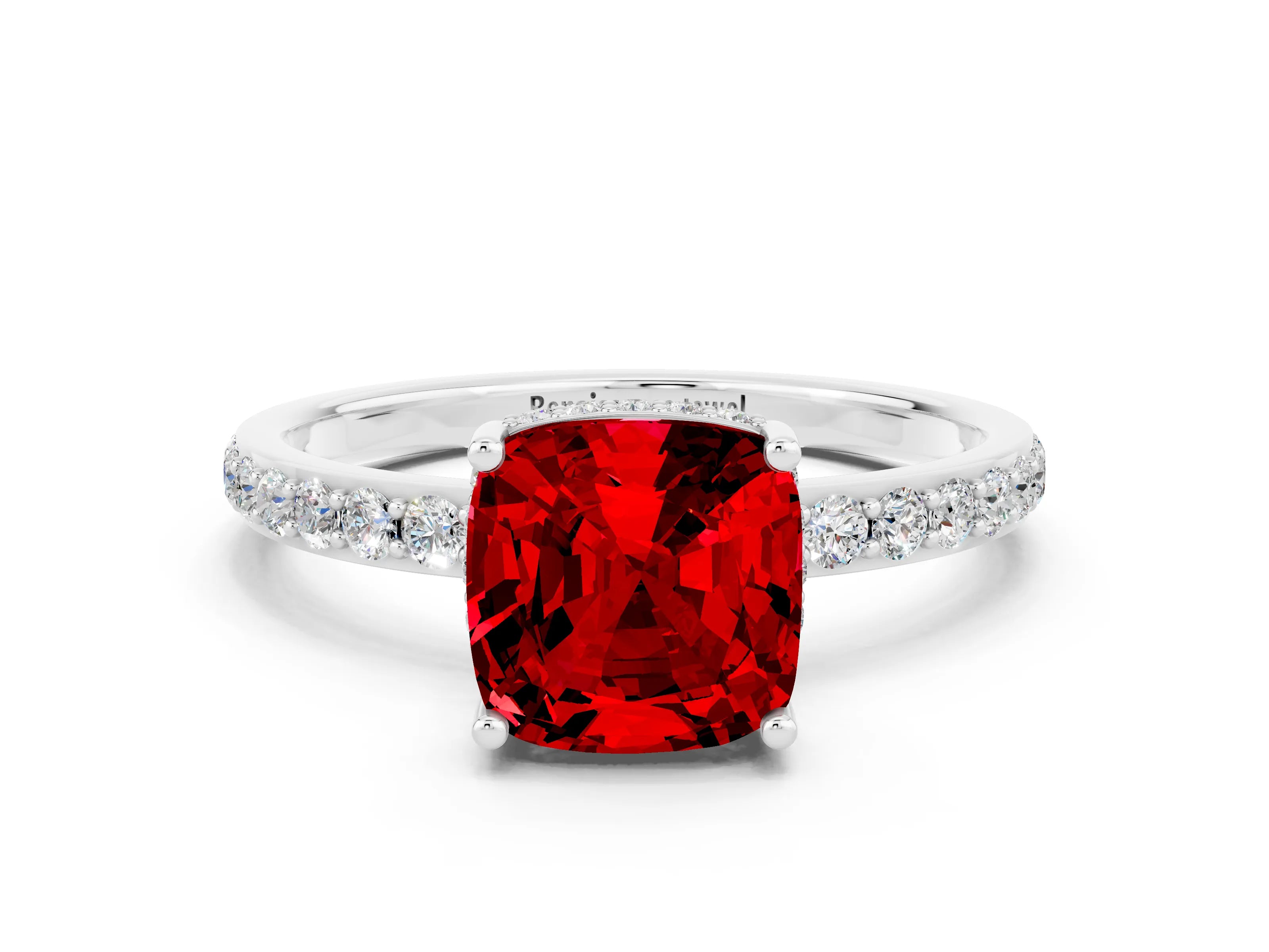 White gold Cushion Cut Ruby Solitaire Ring with Pavé Band and Hidden Halo