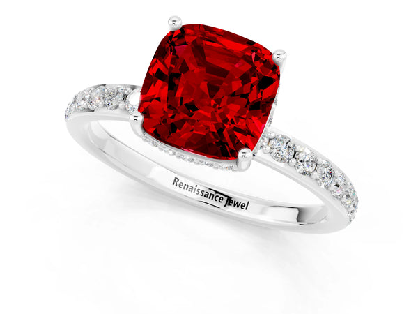 Platinum Cushion Cut Ruby Solitaire Ring with Pavé Band and Hidden Halo