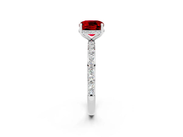 White gold Cushion Cut Ruby Solitaire Ring with Pavé Band and Hidden Halo